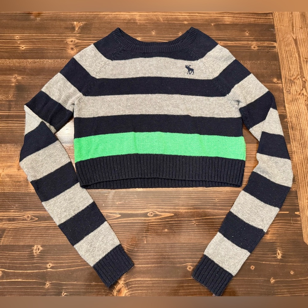 Abercrombie & Fitch‎ Navy, Gray, and Green Striped Cropped Sweater XS Y2K